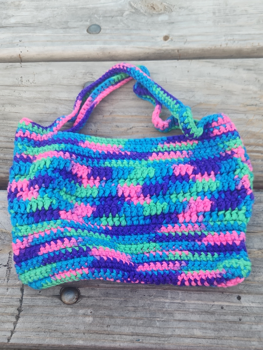Handcrafted Multicolor Crochet Tote Bag - Blue/Pink/Green/Purple